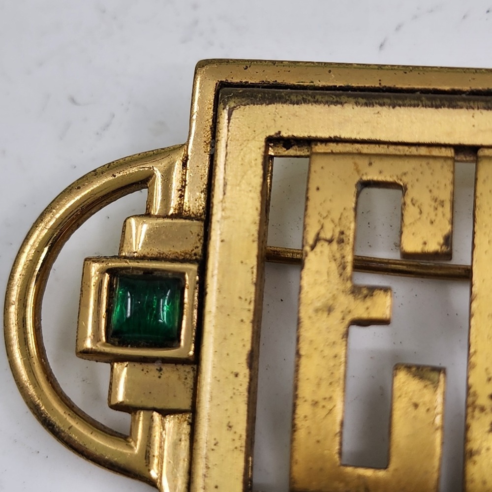 Monocraft Vintage 1930 Gold Tone Green Glass Geometric Art Deco Brooch Pin Retro - Picture 3 of 9